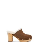 Veronica Beard Brown suede shearling-lined wooden clog with studs.