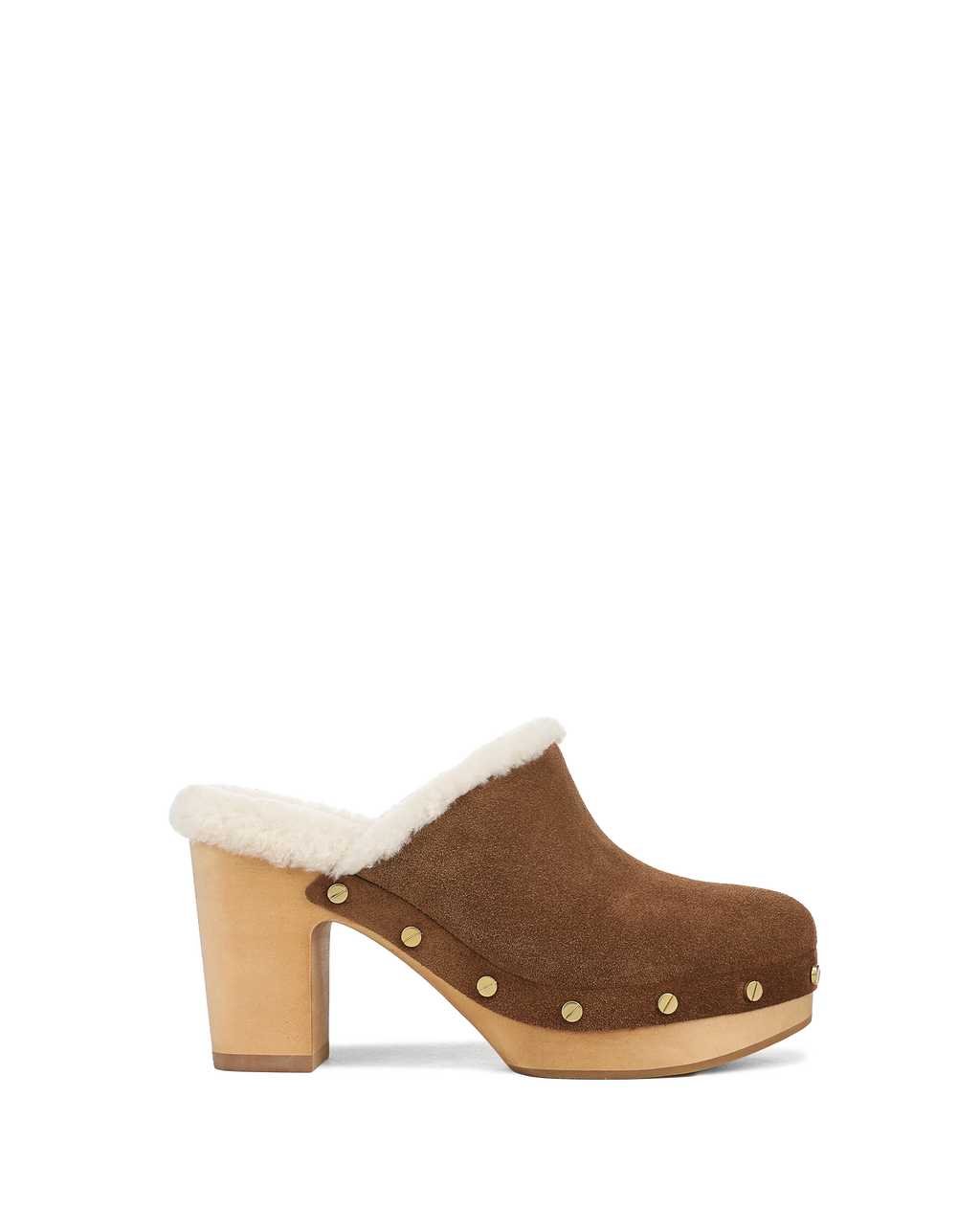 Veronica Beard Brown suede shearling-lined wooden clog with studs.