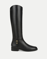 Veronica Beard Black leather knee-high boot with gold buckle.
