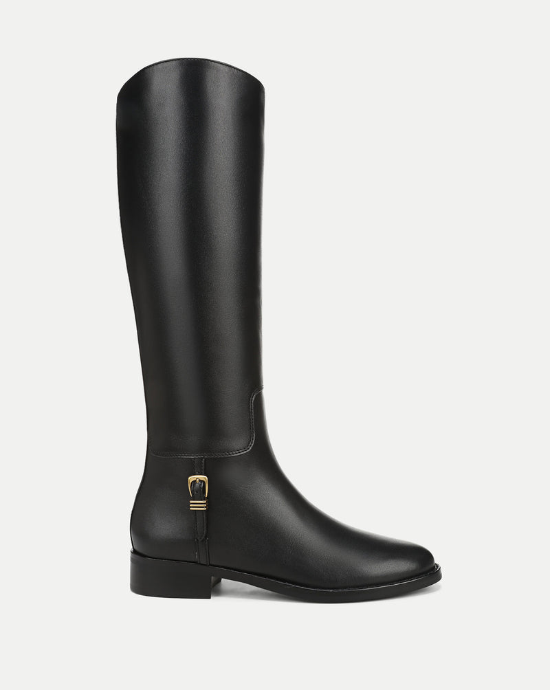 Veronica Beard Black leather knee-high boot with gold buckle.