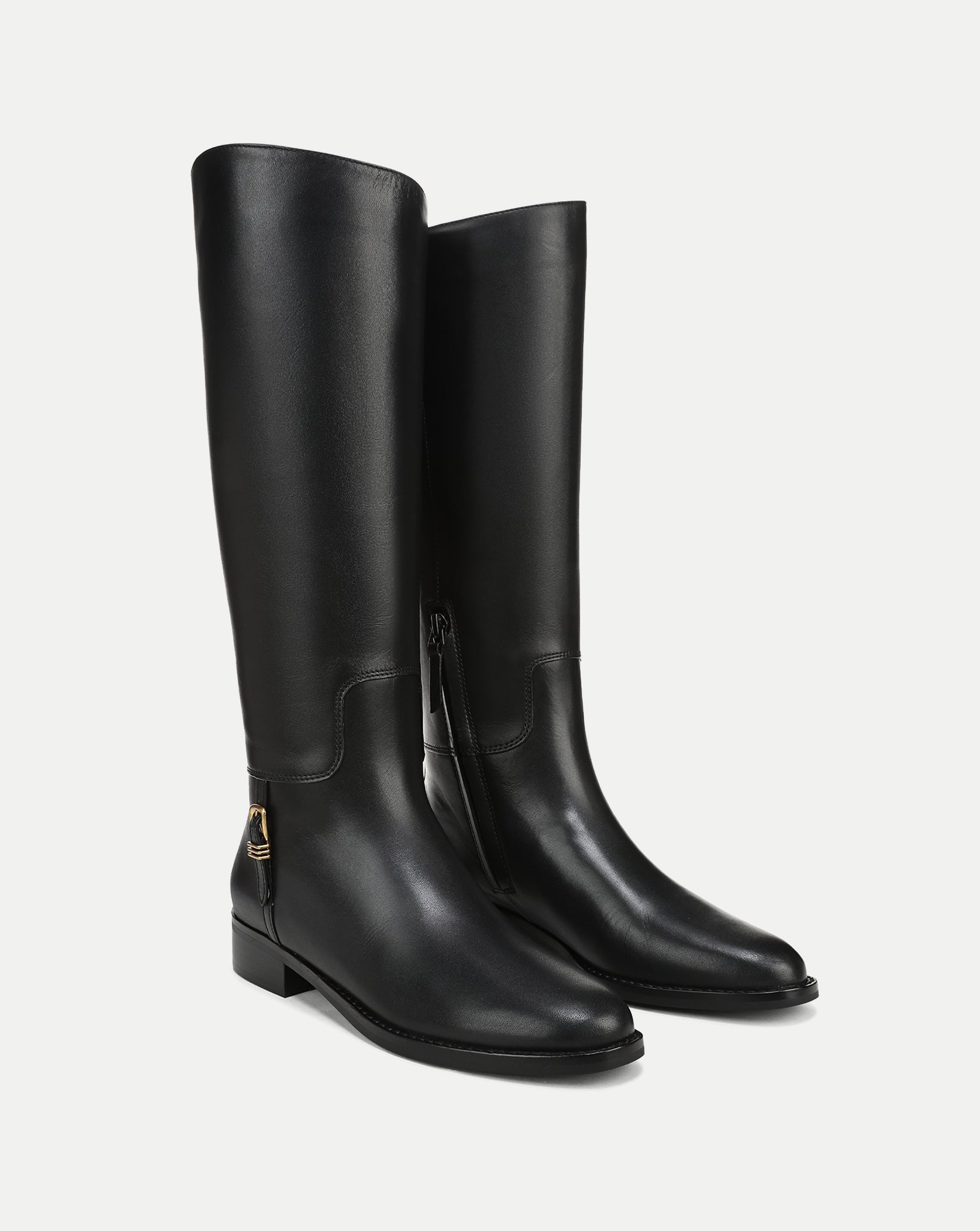 Veronica Beard Black leather knee-high boots with gold buckle.