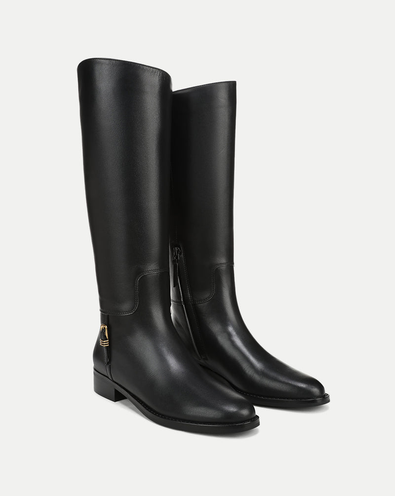 Veronica Beard Black leather knee-high boots with gold buckle.