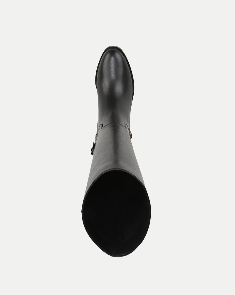 Veronica Beard Black leather knee-high boot with pointed toe.
