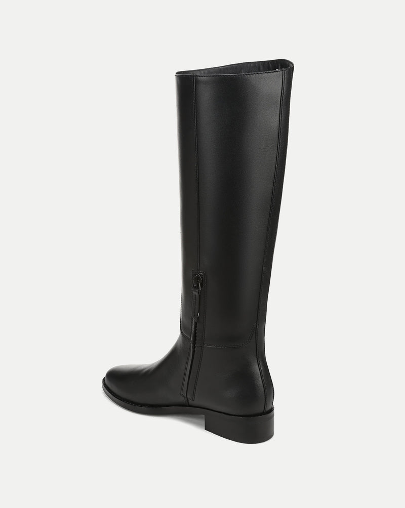 Veronica Beard Black leather knee-high boots with side zipper.