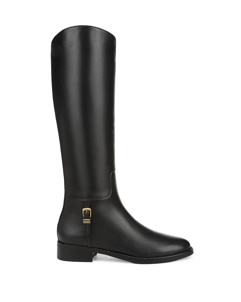 Veronica Beard Black leather knee-high boot with gold buckle.