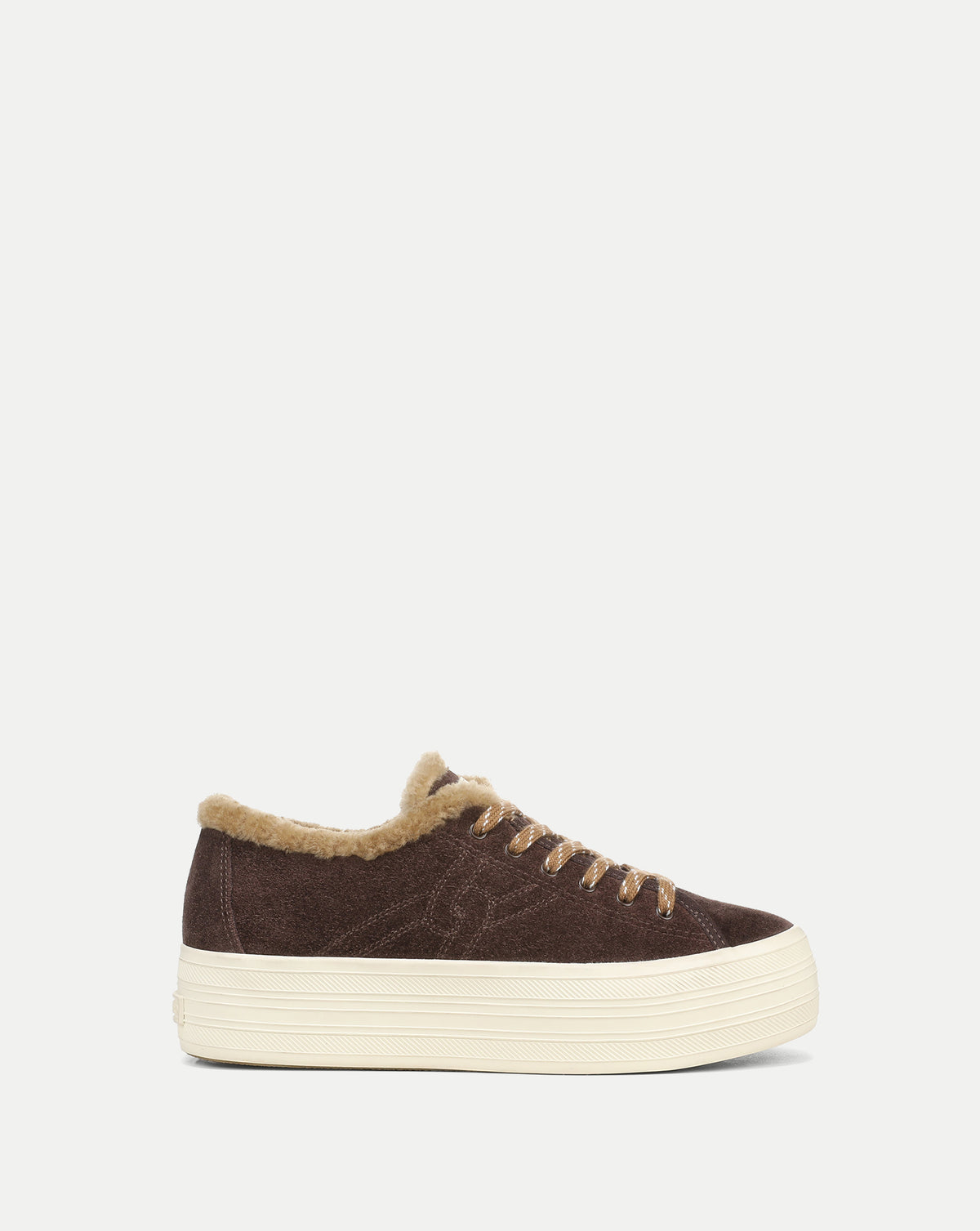 Veronica Beard Brown suede platform sneaker with faux fur lining.