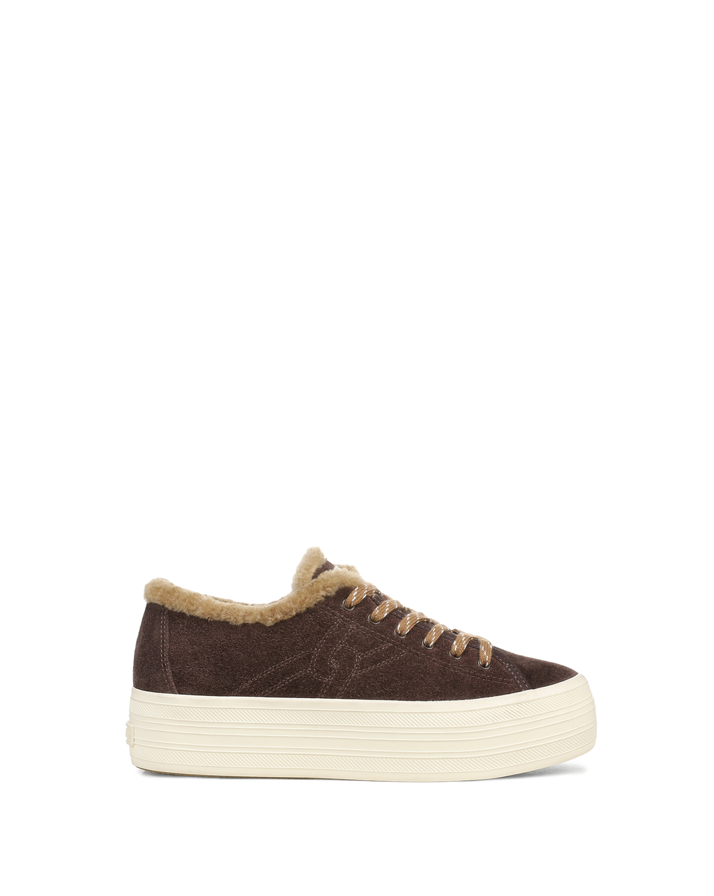 Veronica Beard Brown suede platform sneaker with faux-fur lining.