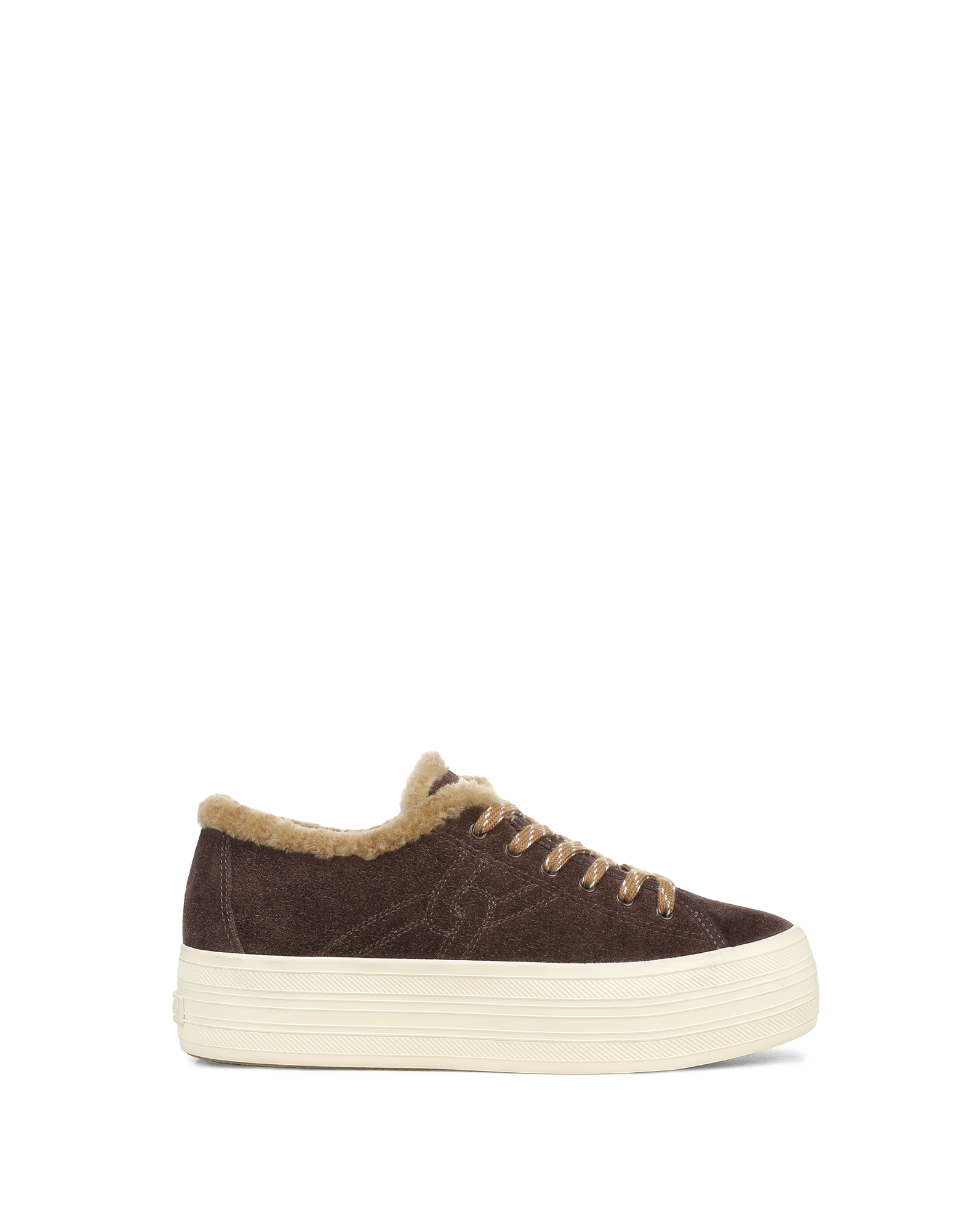 Veronica Beard Brown suede platform sneaker with faux-fur lining.