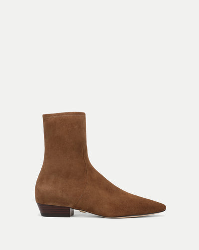 Veronica Beard Brown suede ankle boots with pointed toe and low heel.