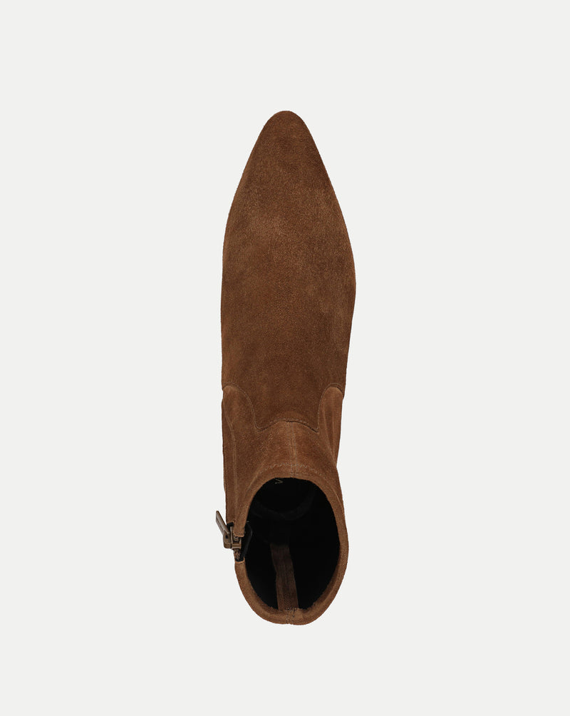 Veronica Beard Brown suede ankle boot with pointed toe.