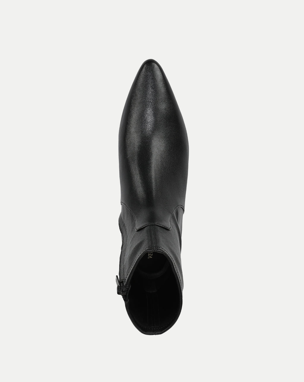 Veronica Beard Black leather pointed-toe ankle boot with side zipper.
