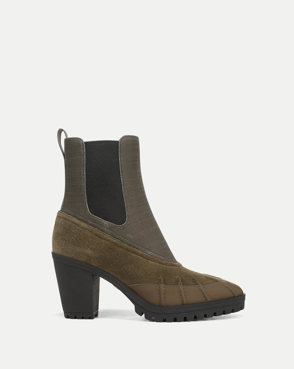 Veronica Beard Olive green waterproof heeled Chelsea boot.