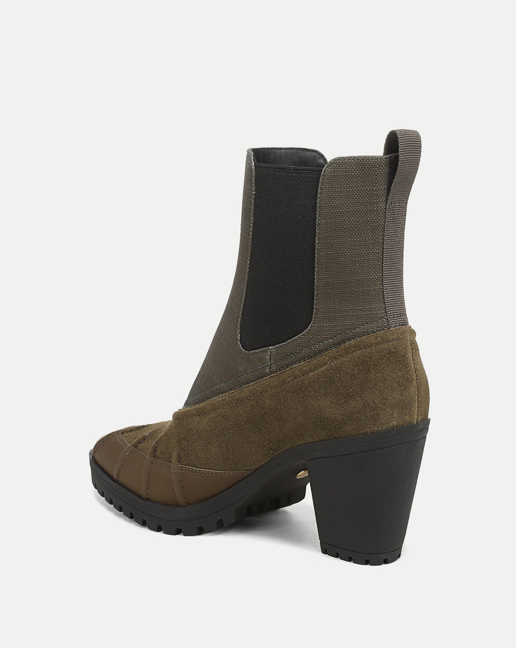 Veronica Beard Olive suede and canvas heeled boot with lug sole.