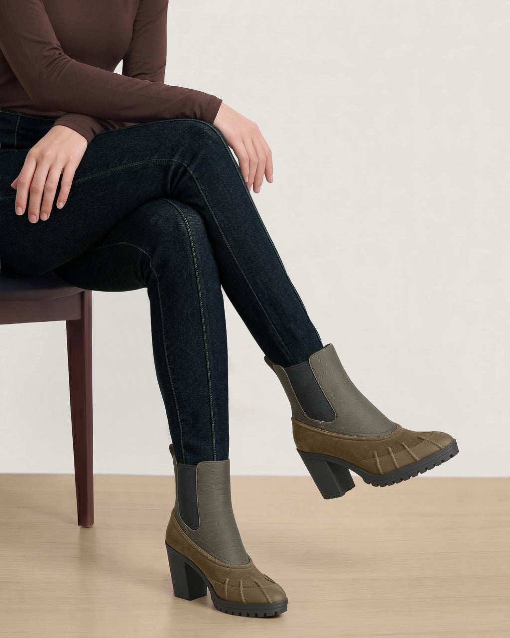 Veronica Beard Olive green duck boot heels with elastic panels.