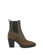 Veronica Beard Olive green heeled boot with waterproof rubber toe.