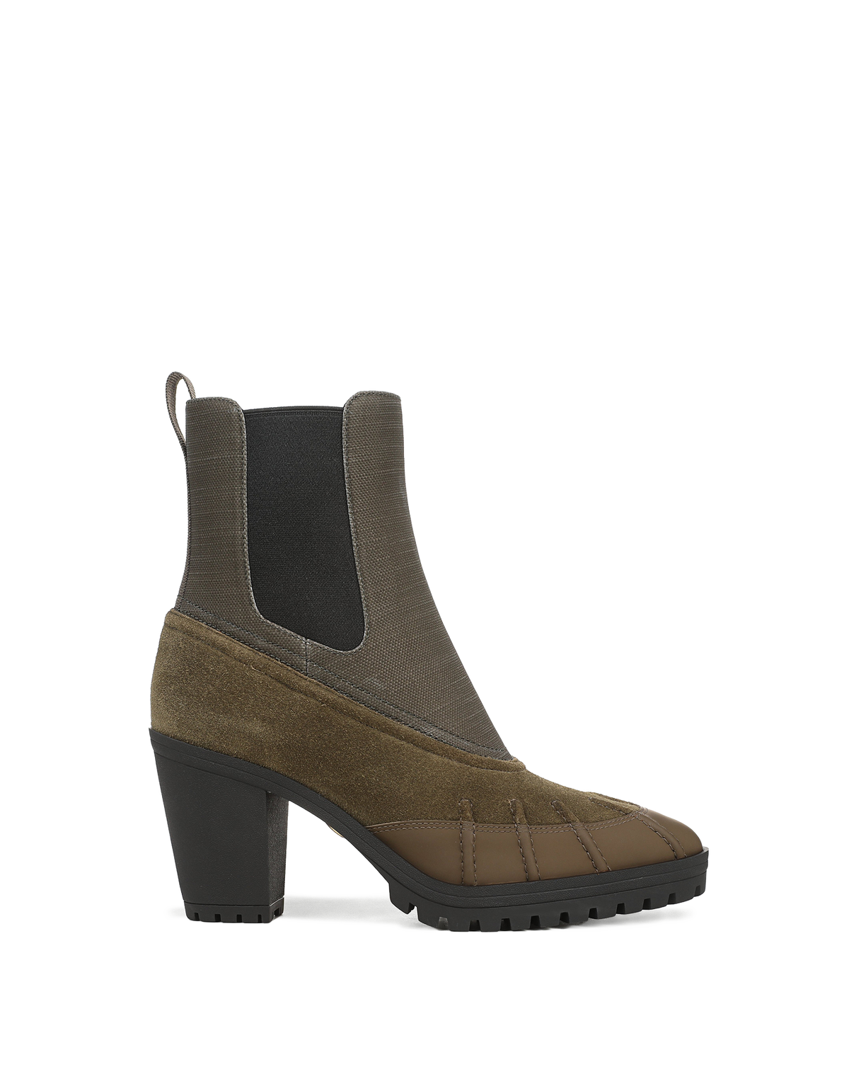 Veronica Beard Olive green heeled boot with waterproof rubber toe.