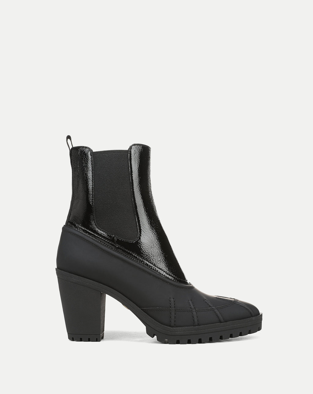 Veronica Beard Black patent leather heeled chelsea boot.