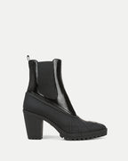 Veronica Beard Black patent leather heeled chelsea boot.