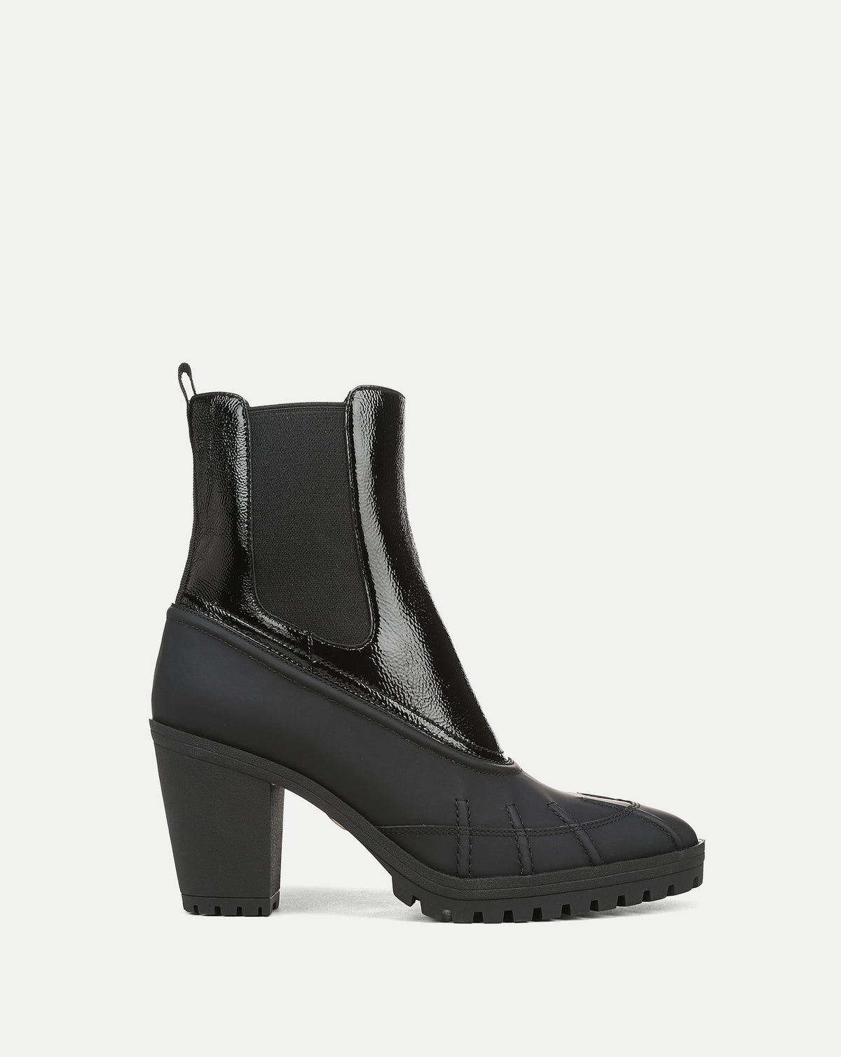 Veronica Beard Black patent leather heeled chelsea boot.