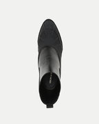Veronica Beard Black leather pointed-toe ankle boot, top view.
