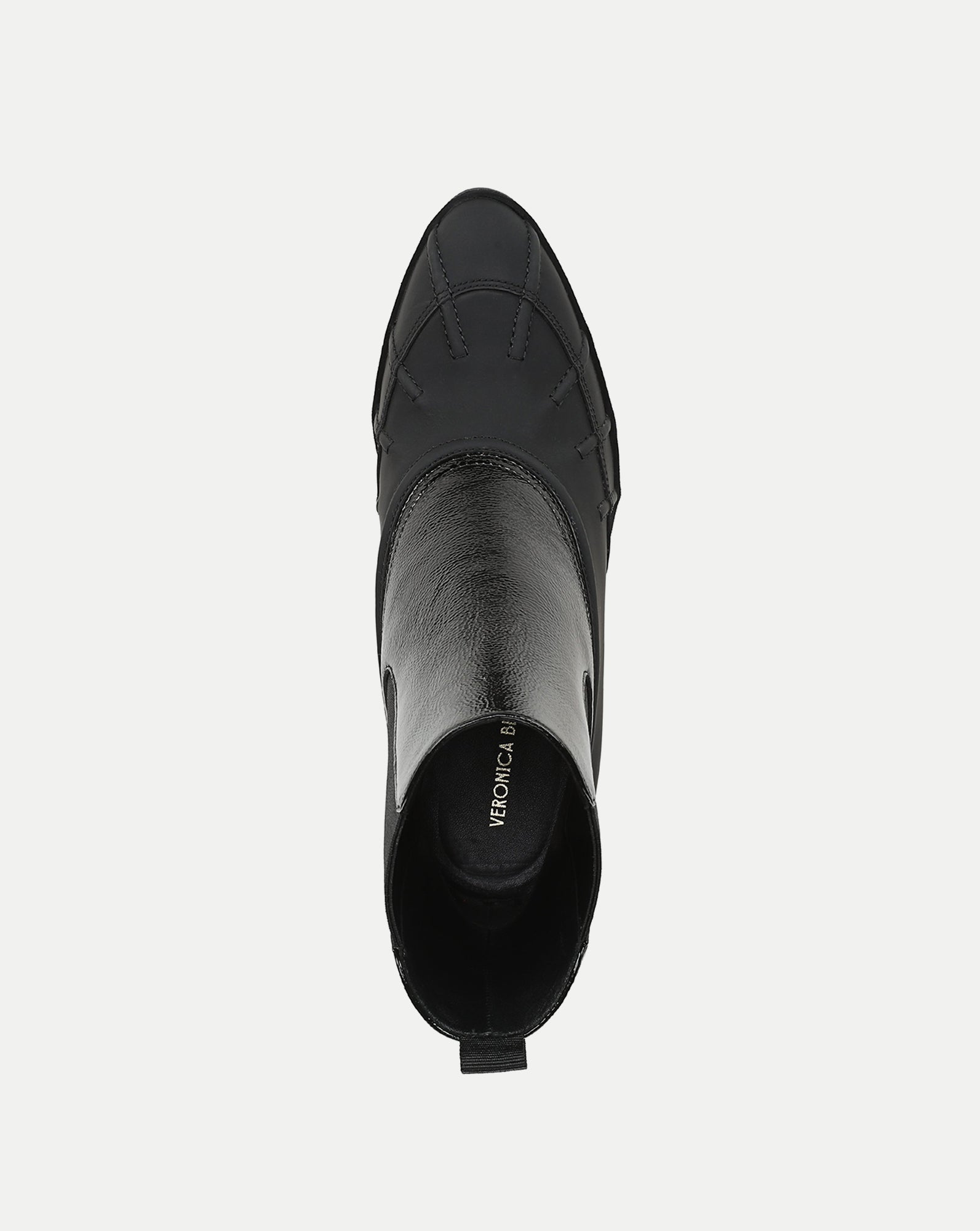 Veronica Beard Black leather pointed-toe ankle boot, top view.