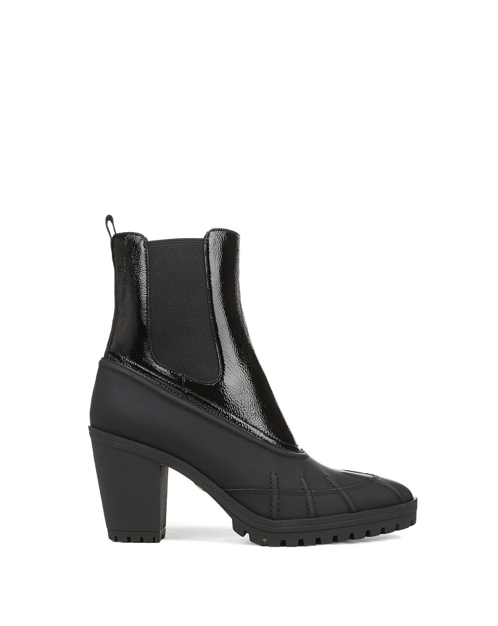 Veronica Beard Black heeled boot with shiny patent leather upper.