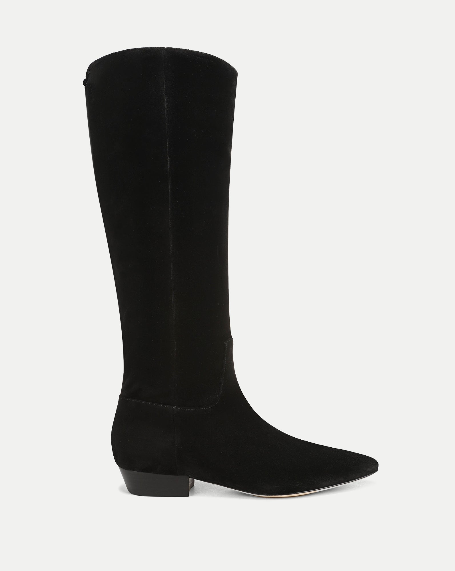 Veronica Beard Black suede knee-high boots with pointed toe.