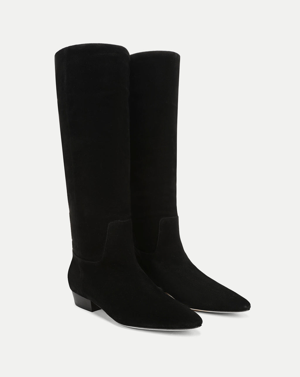 Veronica Beard Black suede knee-high boots with pointed toes.
