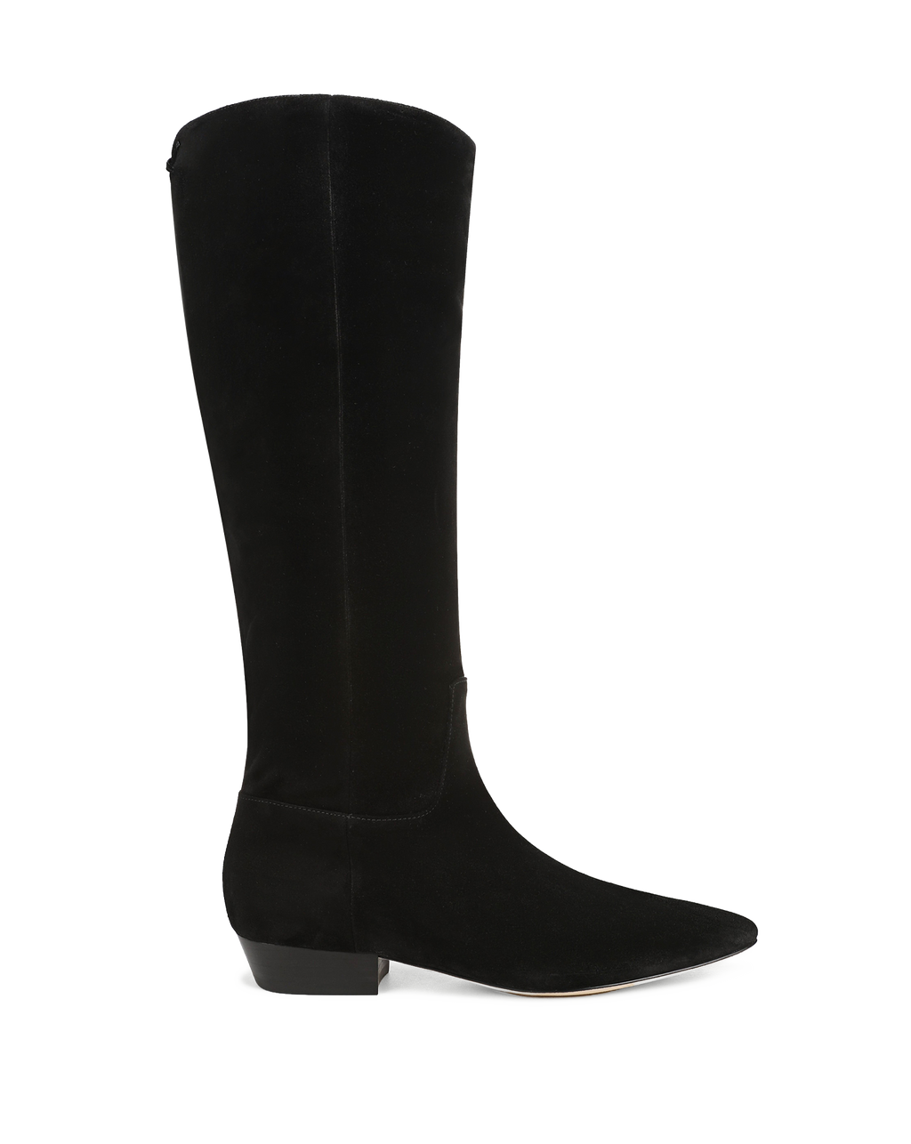 Veronica Beard Black suede knee-high boots with pointed toe.
