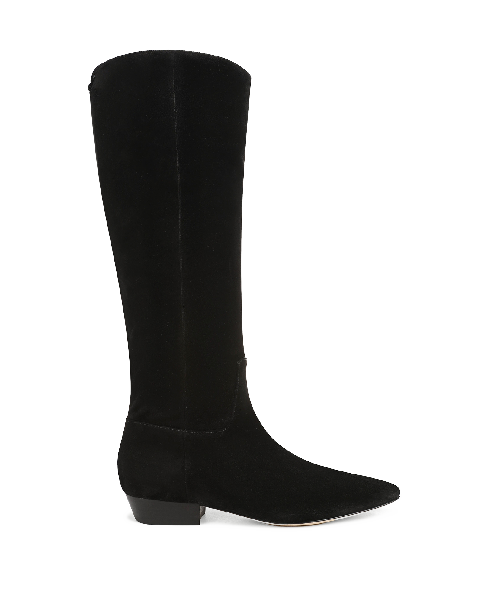 Veronica Beard Black suede knee-high boots with pointed toe.
