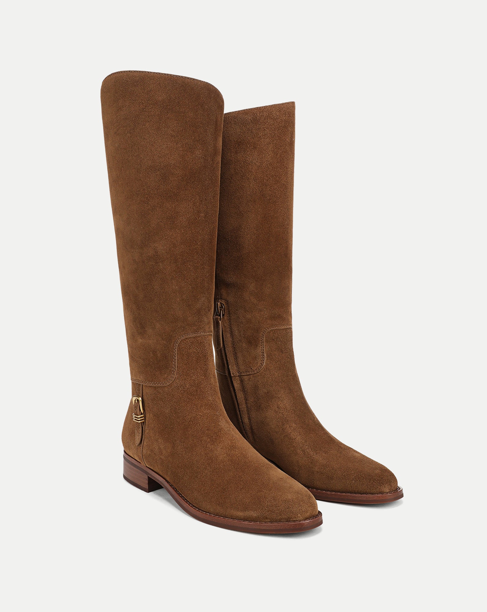 Veronica Beard Brown suede knee-high boots with side buckle.