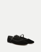 Veronica Beard Black velvet embellished crystal strap flat shoes.