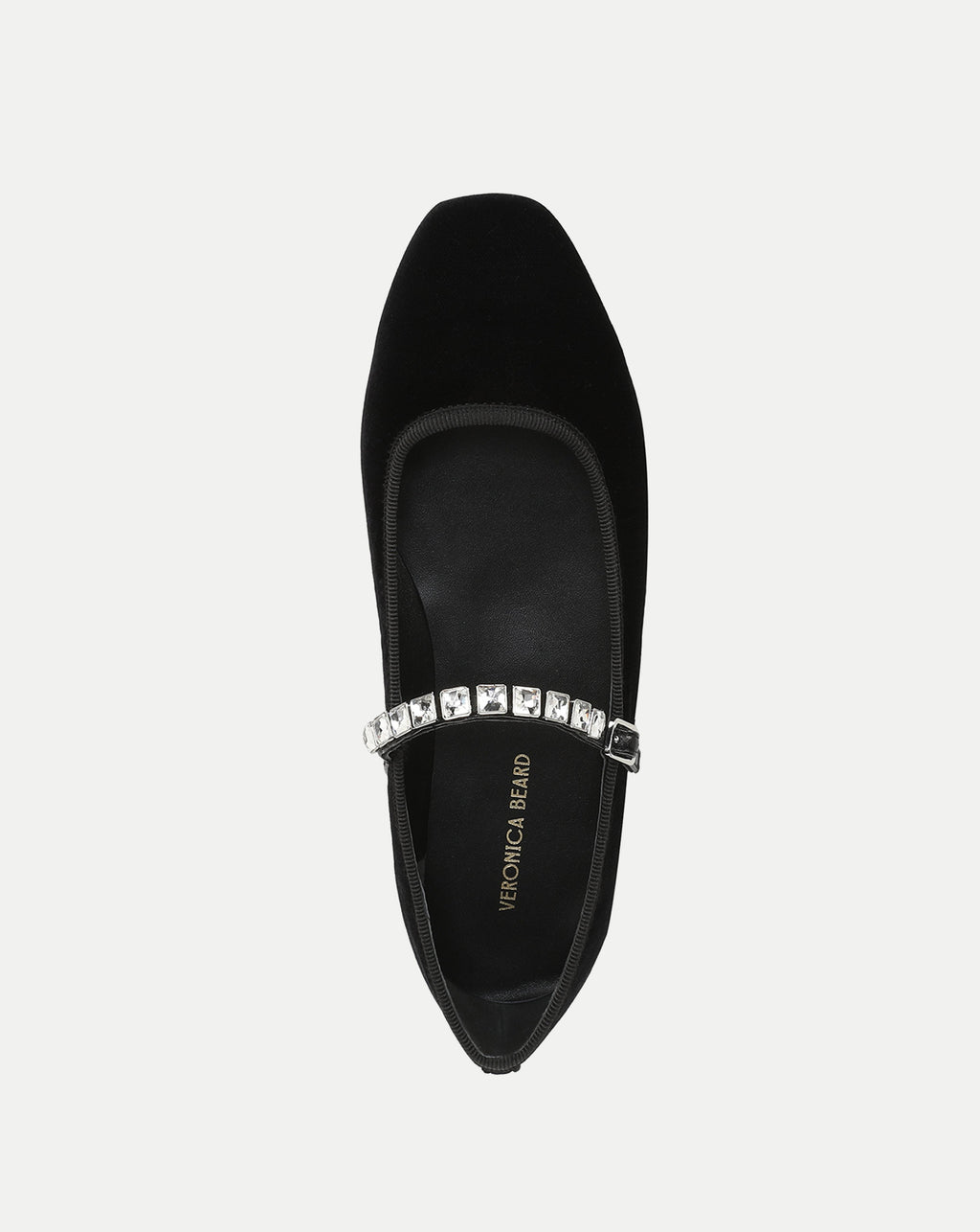 Veronica Beard Black velvet Mary Jane flat with crystal strap.