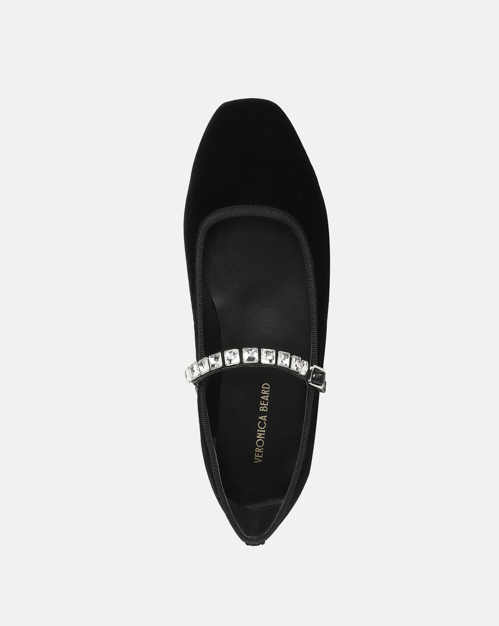 Veronica Beard Black velvet Mary Jane flat with crystal strap.