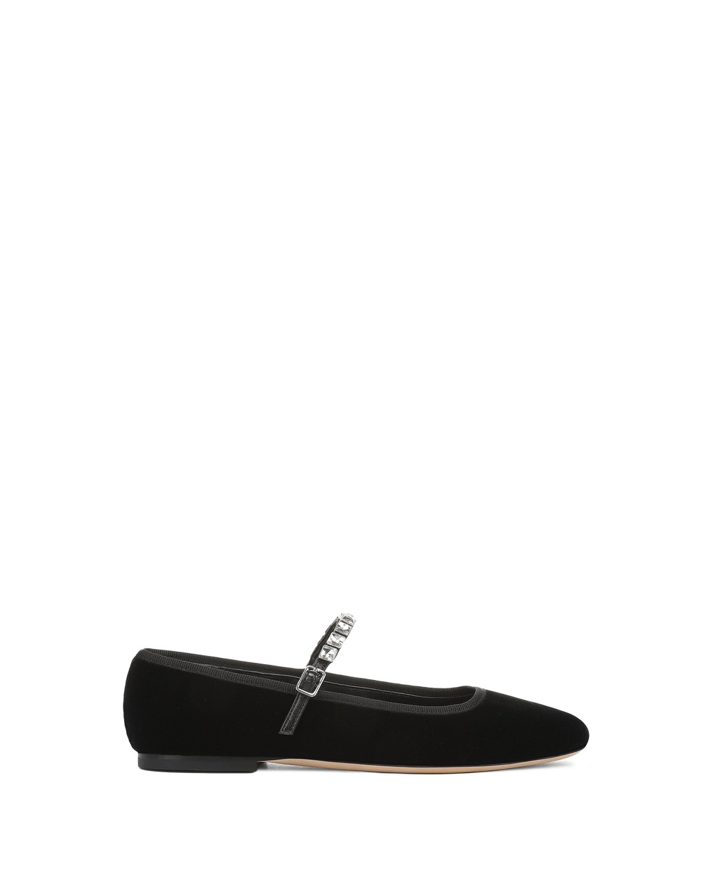 Veronica Beard Black velvet Mary Jane flat with rhinestone strap.