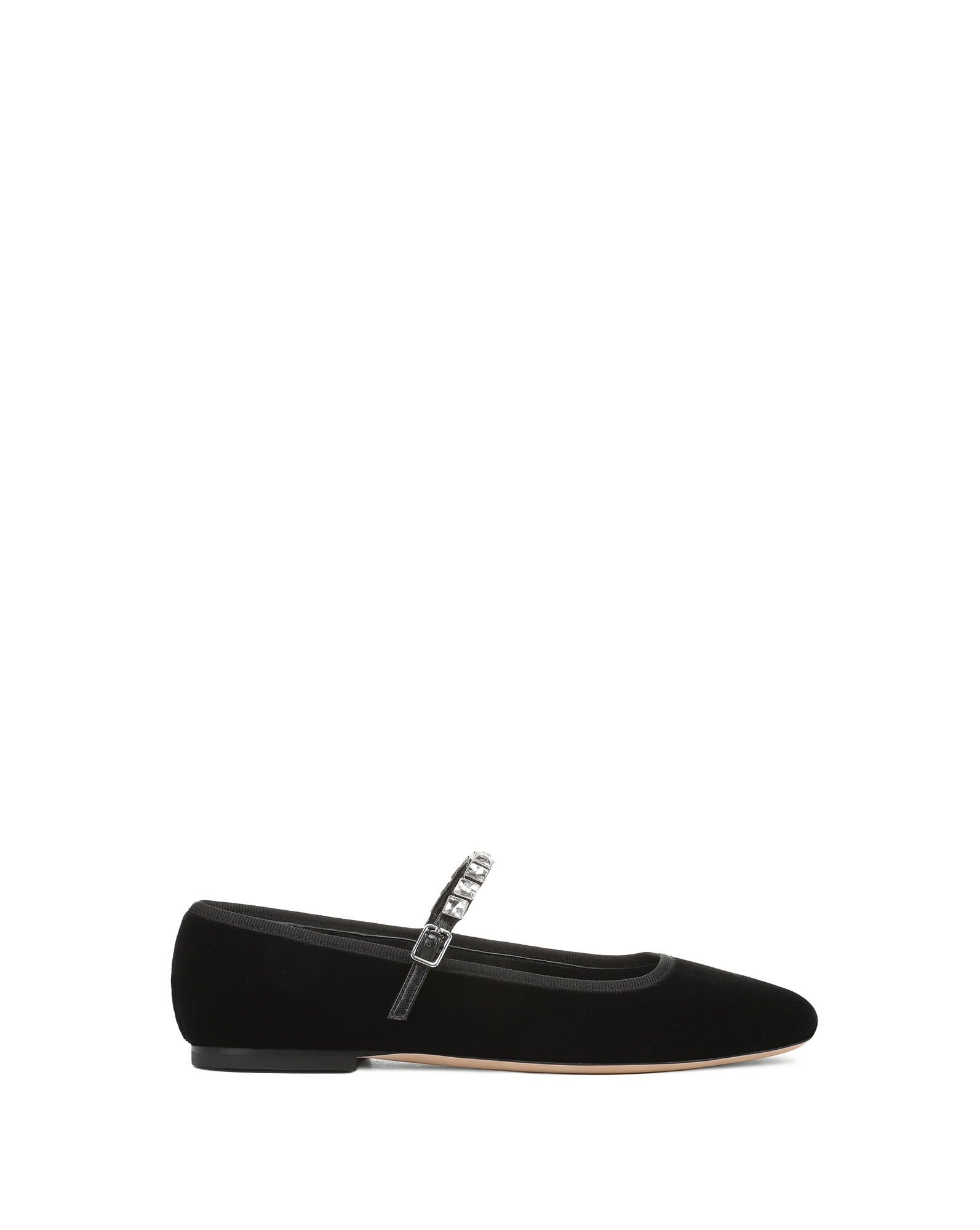 Veronica Beard Black velvet Mary Jane flat with rhinestone strap.