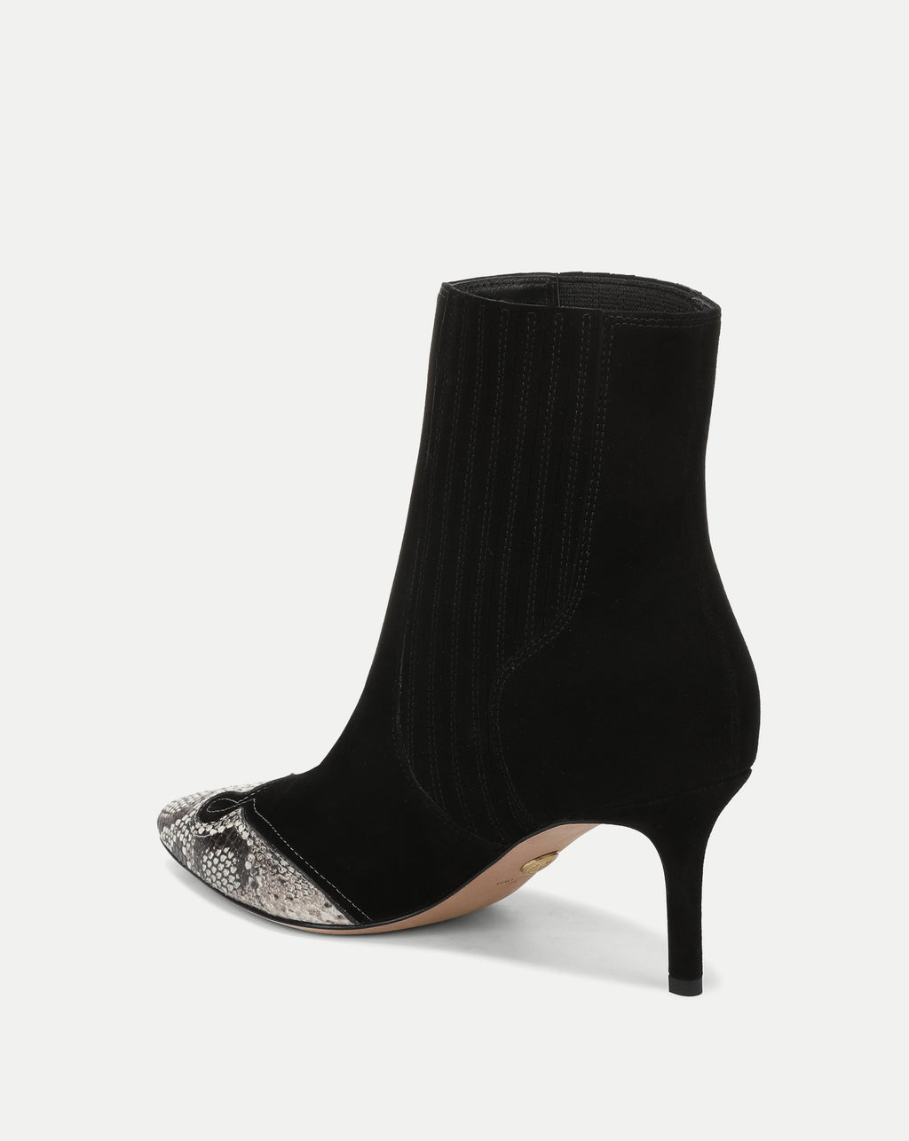 Veronica Beard Black suede ankle boot with snakeskin toe.