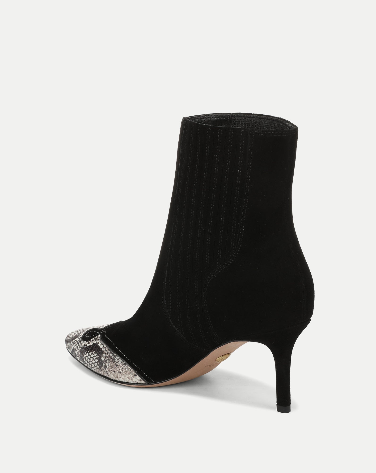 Veronica Beard Black suede ankle boot with snakeskin toe.