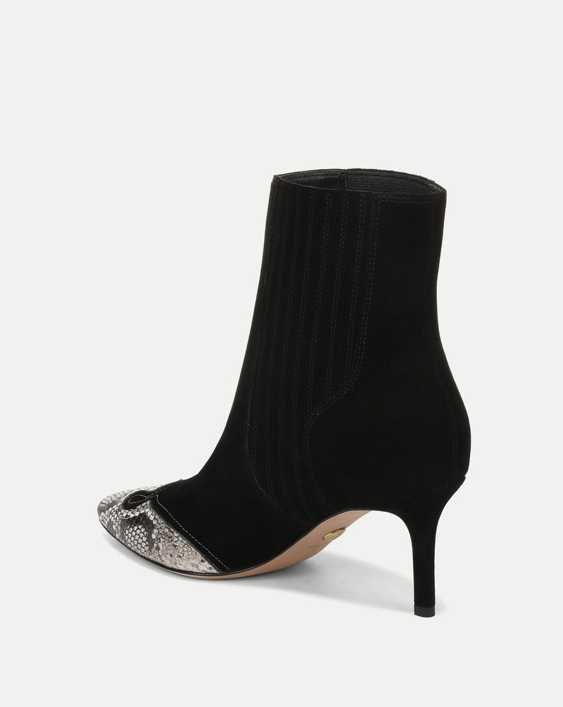 Veronica Beard Black suede ankle boot with snakeskin toe.