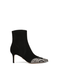 Veronica Beard Black suede ankle boot with snakeskin toe.