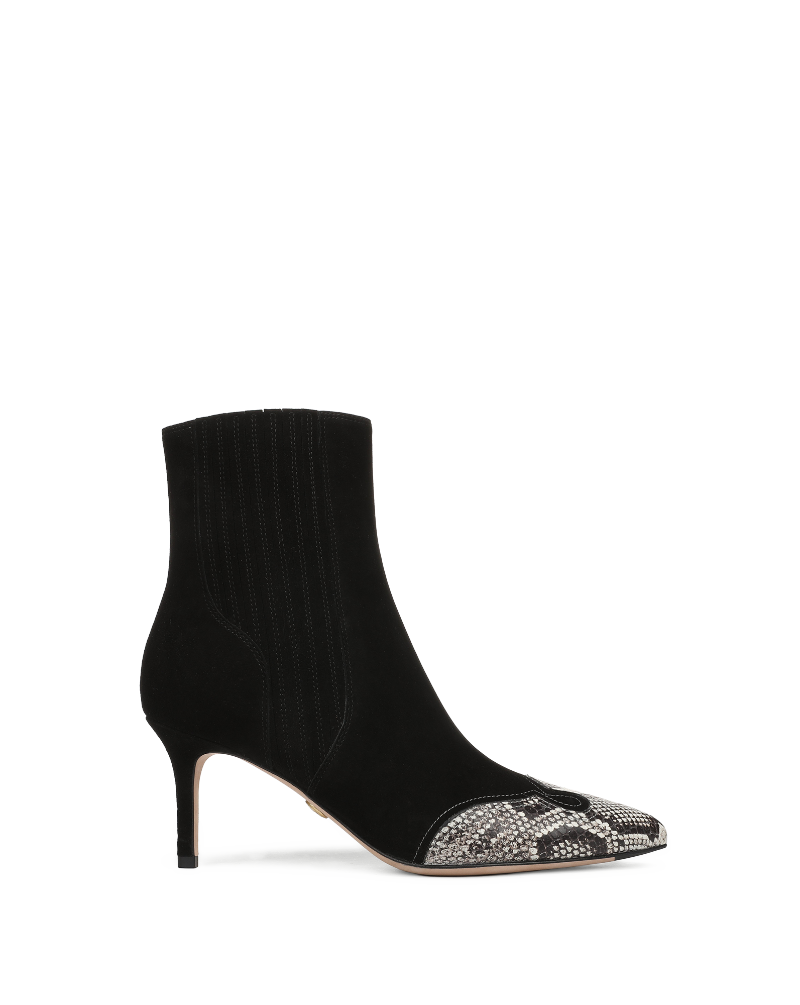 Veronica Beard Black suede ankle boot with snakeskin toe.