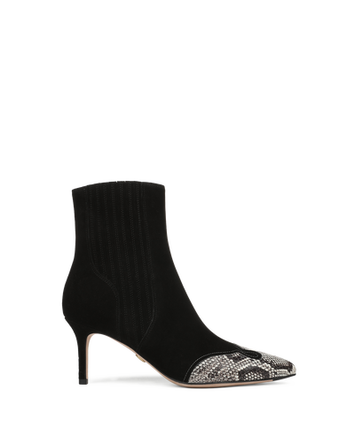 Veronica Beard Black suede ankle boot with snakeskin toe.