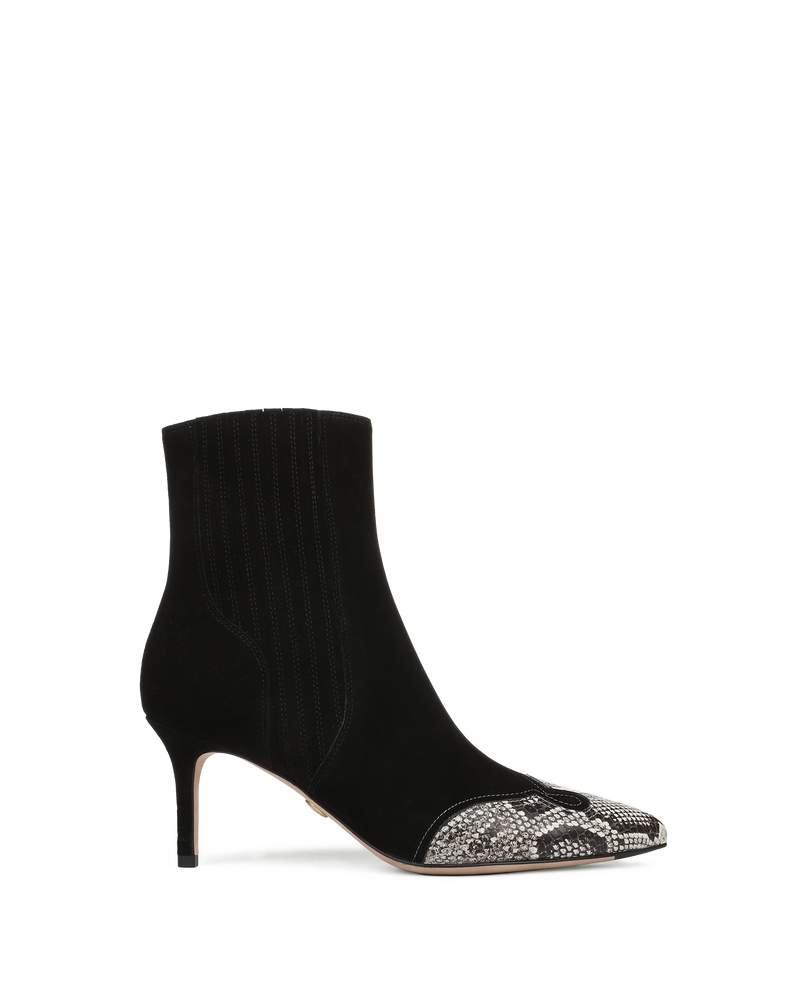 Veronica Beard Black suede ankle boot with snakeskin toe.