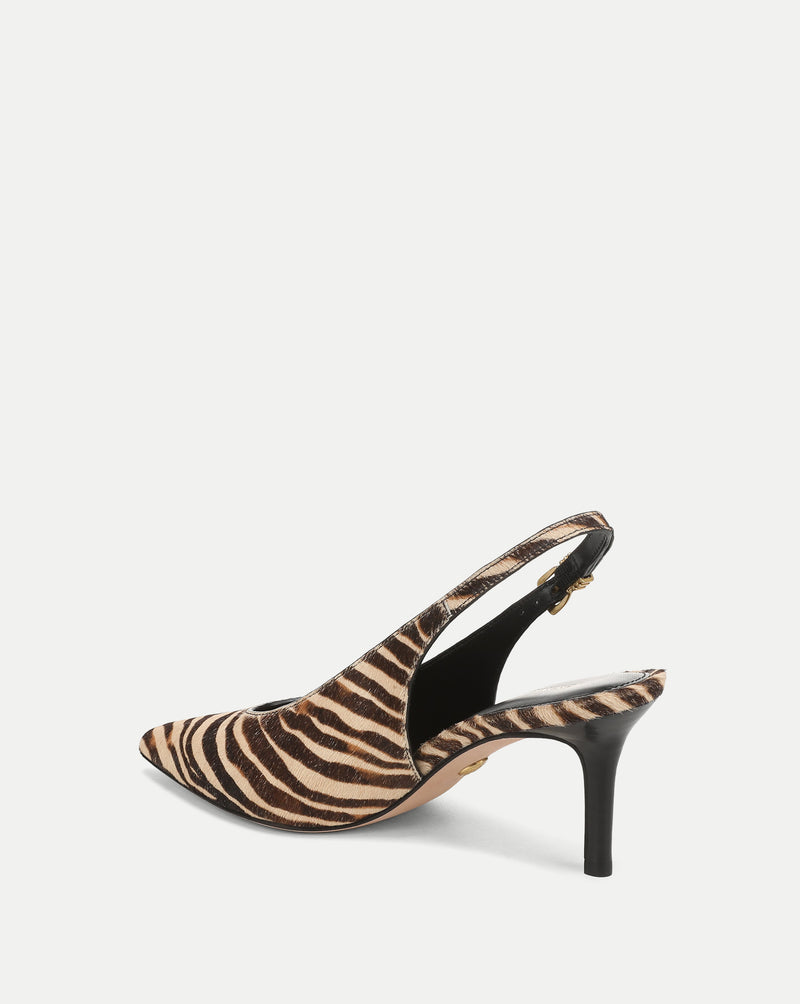 Veronica Beard Zebra print slingback heels with pointed toe.