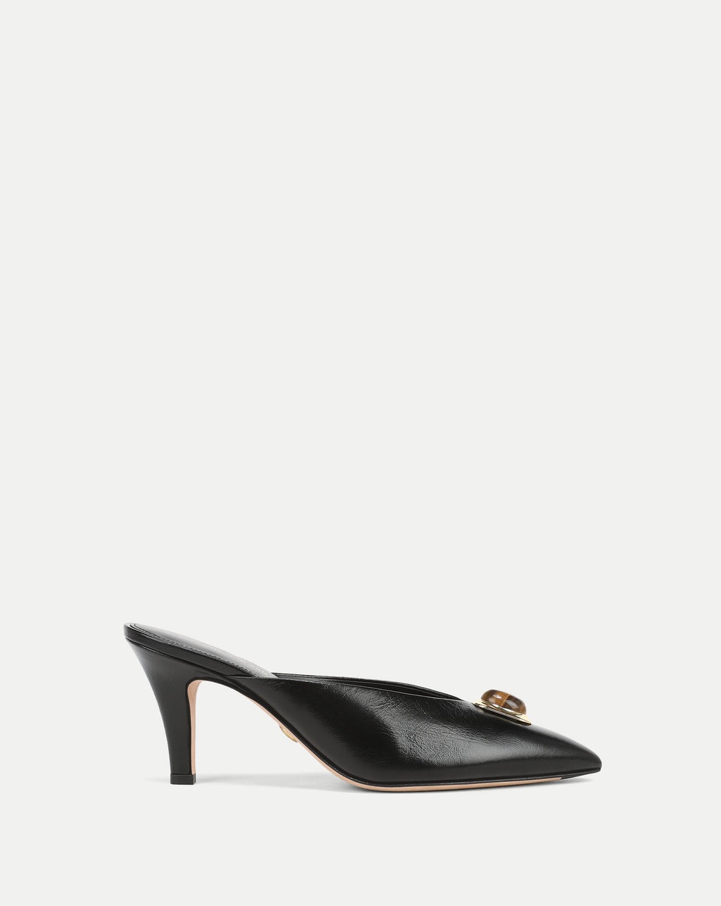 Veronica Beard Black leather mule with pointed toe and gold buckle.