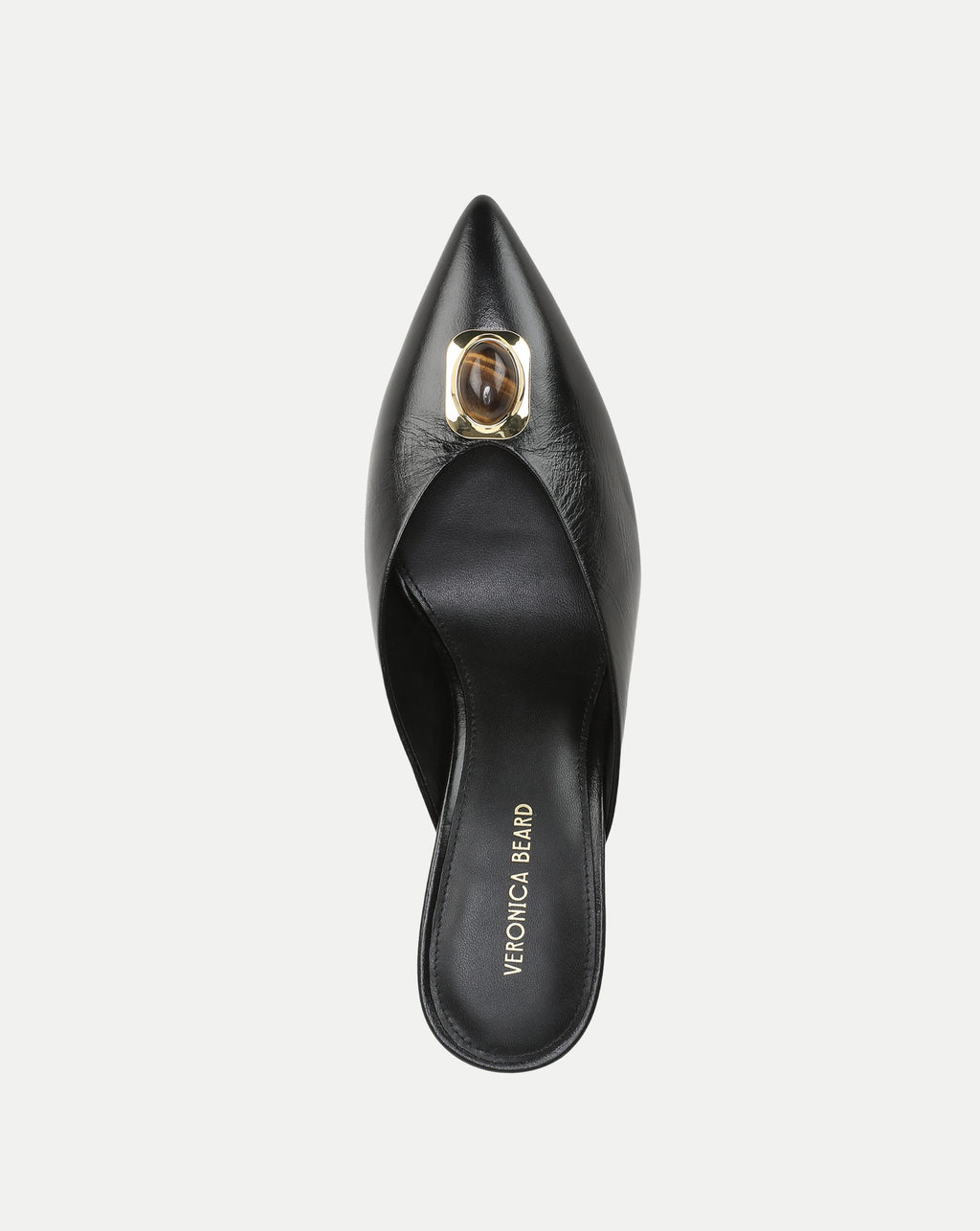 Veronica Beard Black leather pointed-toe mule with amber stone detail.