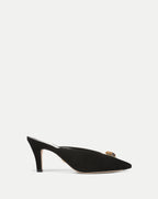 Veronica Beard Black suede pointed-toe mule with gold buckle.