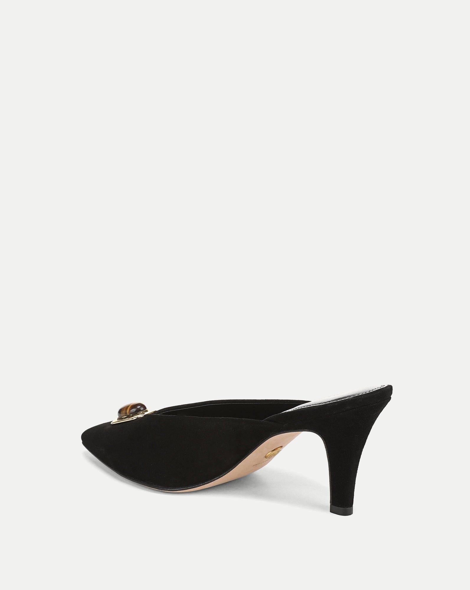 Veronica Beard Black suede mule with tortoise shell buckle.