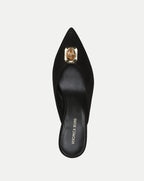 Veronica Beard Black suede mule with gold and brown stone embellishment.