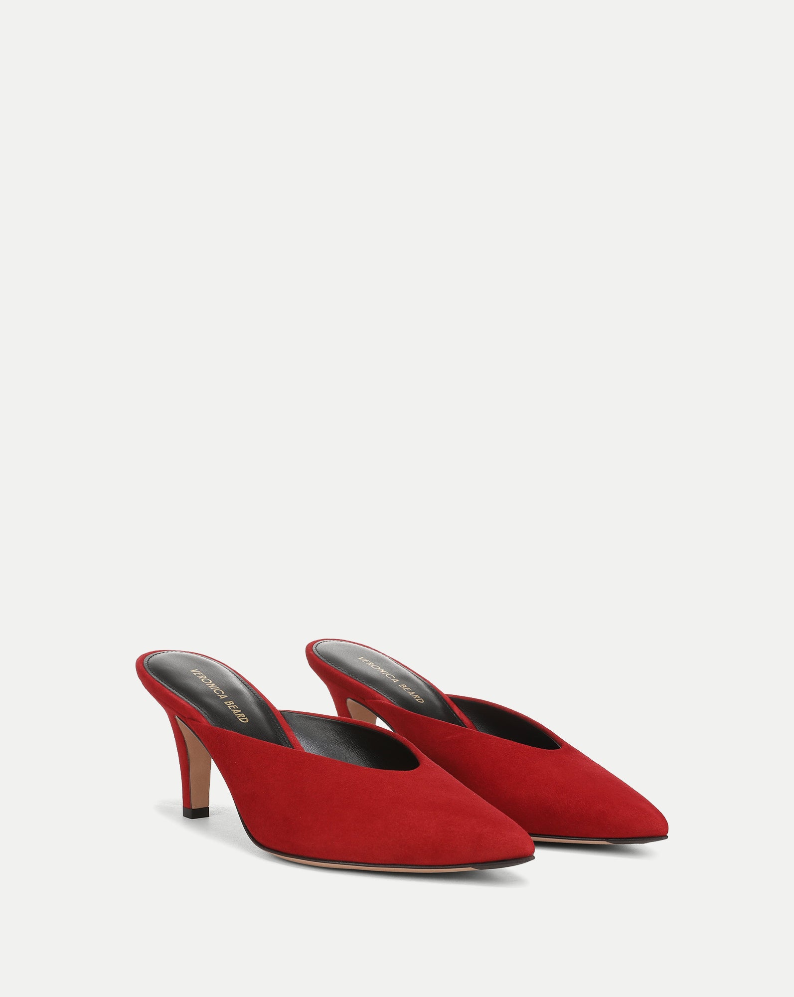 Veronica Beard Red suede pointed-toe mules with stiletto heels.